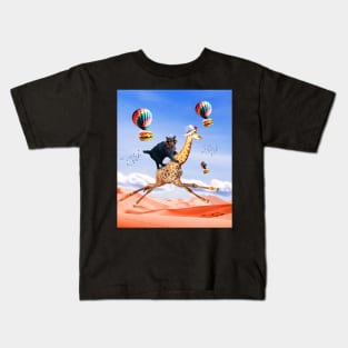 Cat Giraffe - Cat Riding Flying Giraffe with Burger Kids T-Shirt